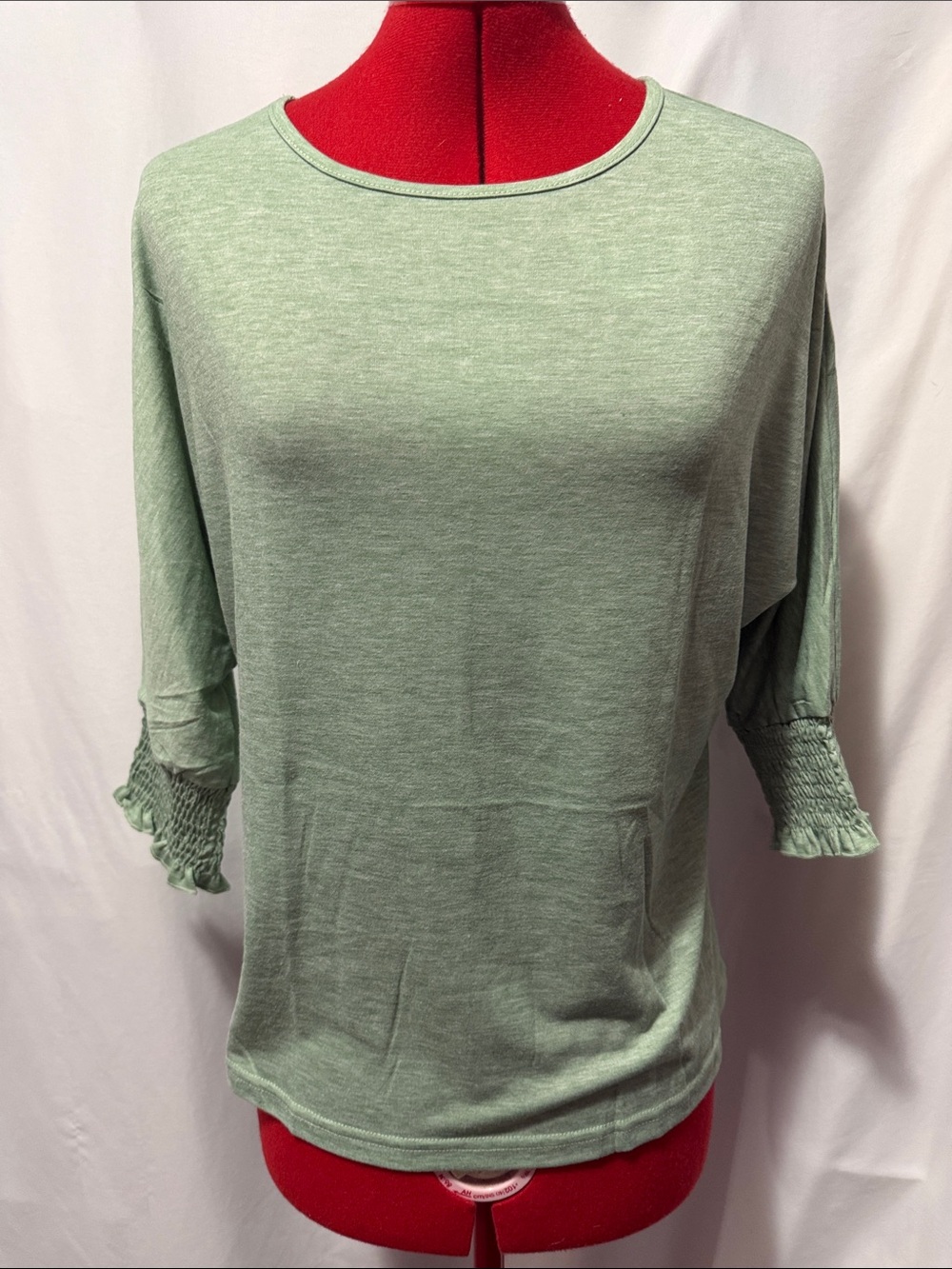 Light Sage Smocked Sleeve Long Sleeve Top - Unbranded
